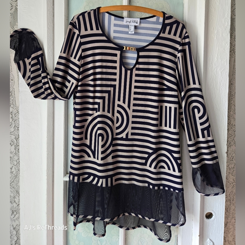 Joseph Ribkoff Navy Geometric Chiffon Trim Tunic Top – Size 14